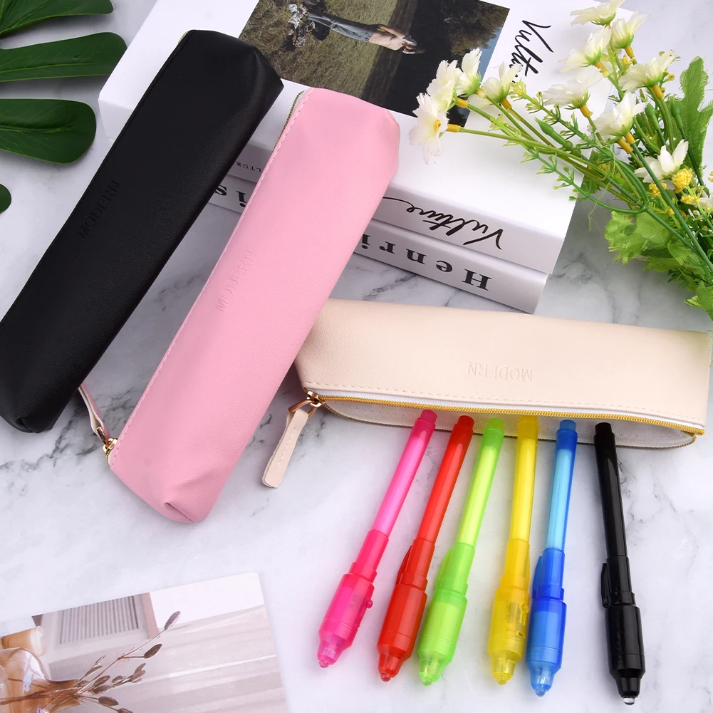 3ชิ้นกระเป๋านักเรียนโรงเรียนใส่ดินสอหนัง PU แบบพกพาความจุมากเครื่องเขียนกระเป๋าดินสอบางมีซิปอเนกประสงค์