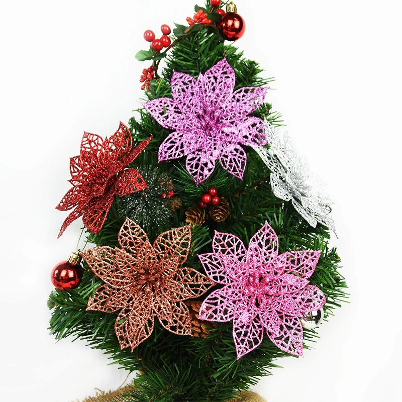 5pcs Glitter Artificial Christmas Flowers Christmas Tree Decoration For Home Fake Flowers Xmas Ornament New Year Party Decor