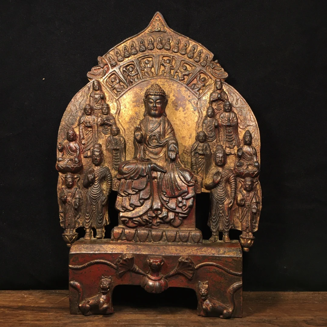 

13"Tibetan Temple Collection Old Bronze Cinnabar Northern Wei Buddha Sakyamuni One teacher four Buddhas Worship Hall Town House