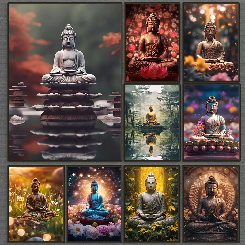 Zen Religion Meditation Buddhism Poster and Print Canvas Painting Wall Art Buddha in Nature Abstract Picture for Room Home De