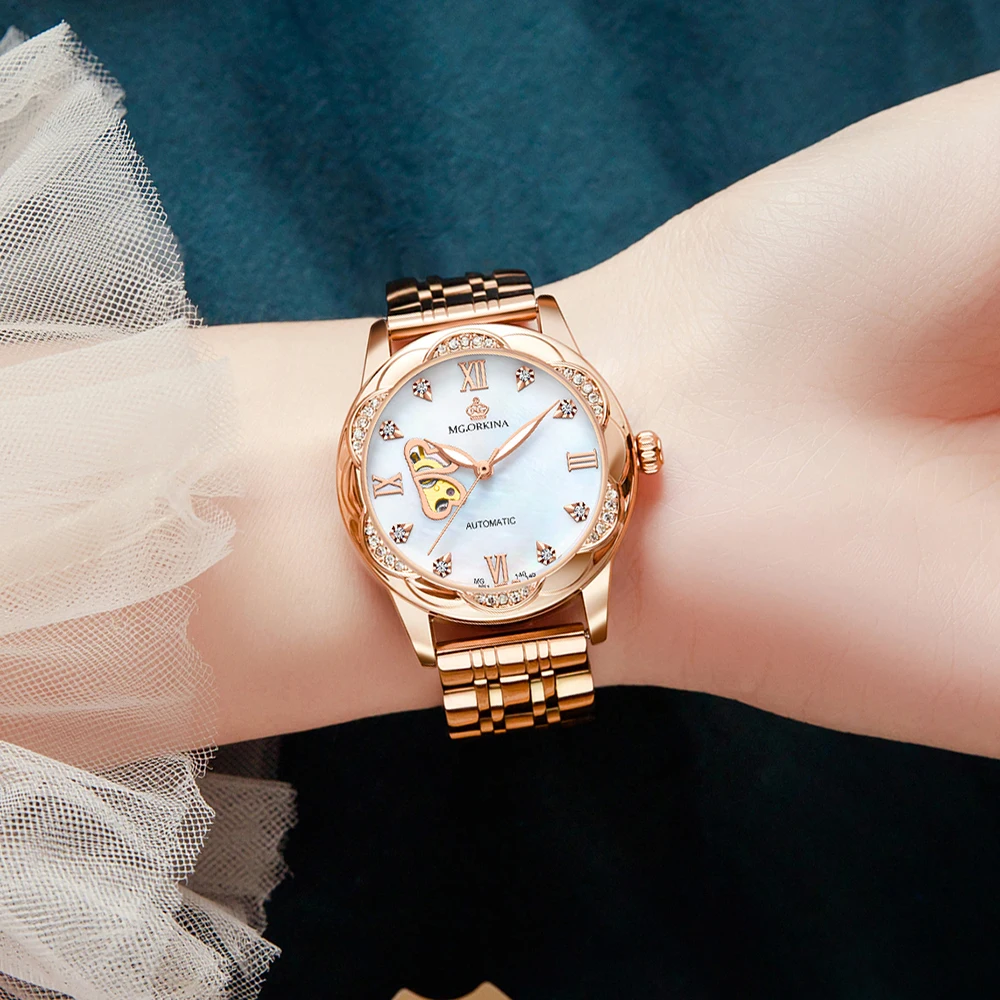 Women Watches Mechanical ORKINA Brand Luxury Ceramic Floral Diamond Ladies Waterproof Wristwatch Mother of Pearl Clock Gift 36mm