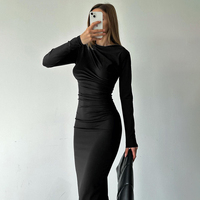 Women New Dresses Autumn Streetwear Fashion Elegant Black Sexy Maxi Dress Folds Long Sleeves Female Casual Slim Knitted Dresses