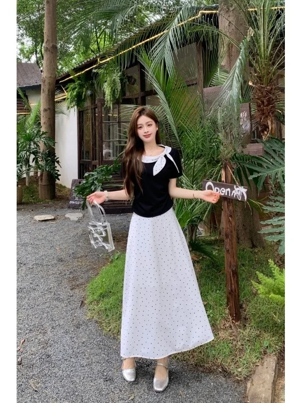 

plus Size Women's Summer High Waist Polka Dot Half Skirt with Knot Short Sleeve Top Slimming Effect Belly Covering