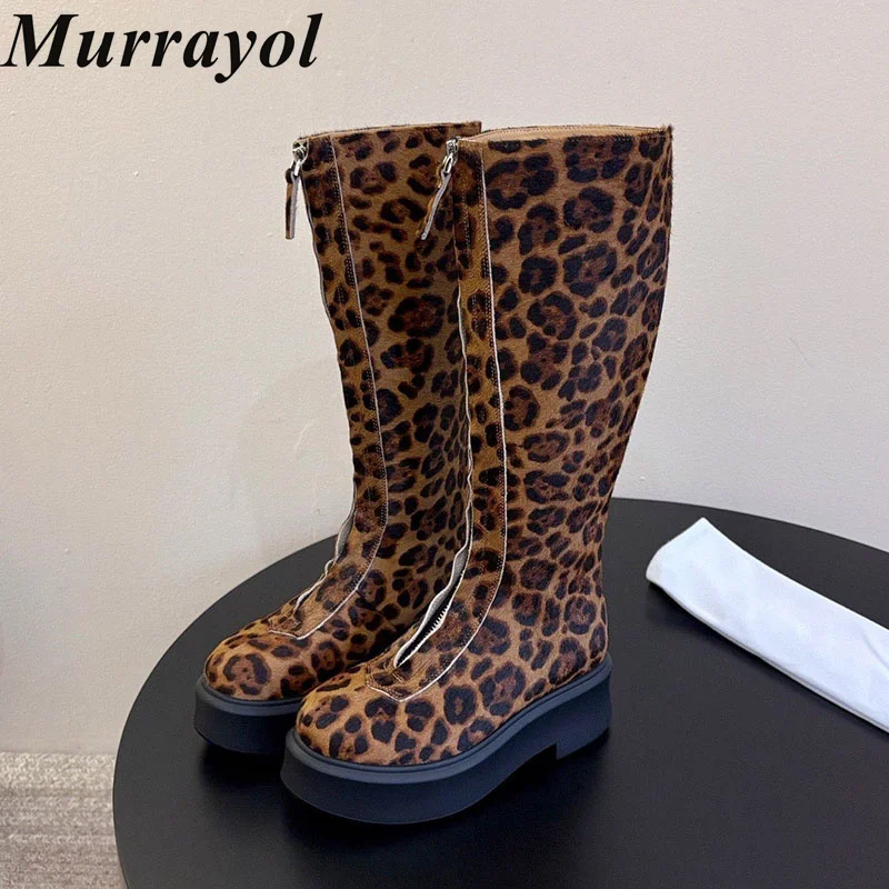 

Long Booties Leopard Print Suede Thick Sole Knee-hight Boots Autumn Winter Women Front Zipper Design Runway Botas Platform Shoes