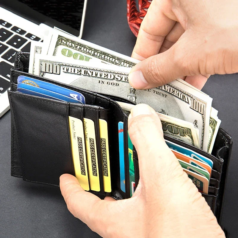 Men's Cowhide RFID Genuine Leather Short Top Layer Card Holder Small Bag Business Bank ID Cash Purse Gifts Black Brown Wallet