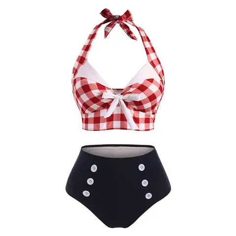 Dressfo Women's Tummy Control Tankini Swimwear Vintage Plaid Print Swimsuit Corset Style Mock Button Summer Beach Bathing Suit