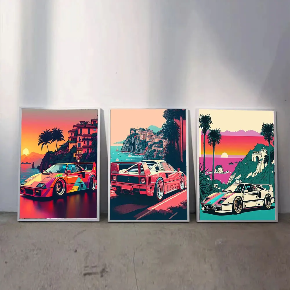 

Canvas Painting Vintage Sports Car Comic Poster and Print Luxury Racing Inspired Supercar Neon Effect Wall Art Room Home Decor