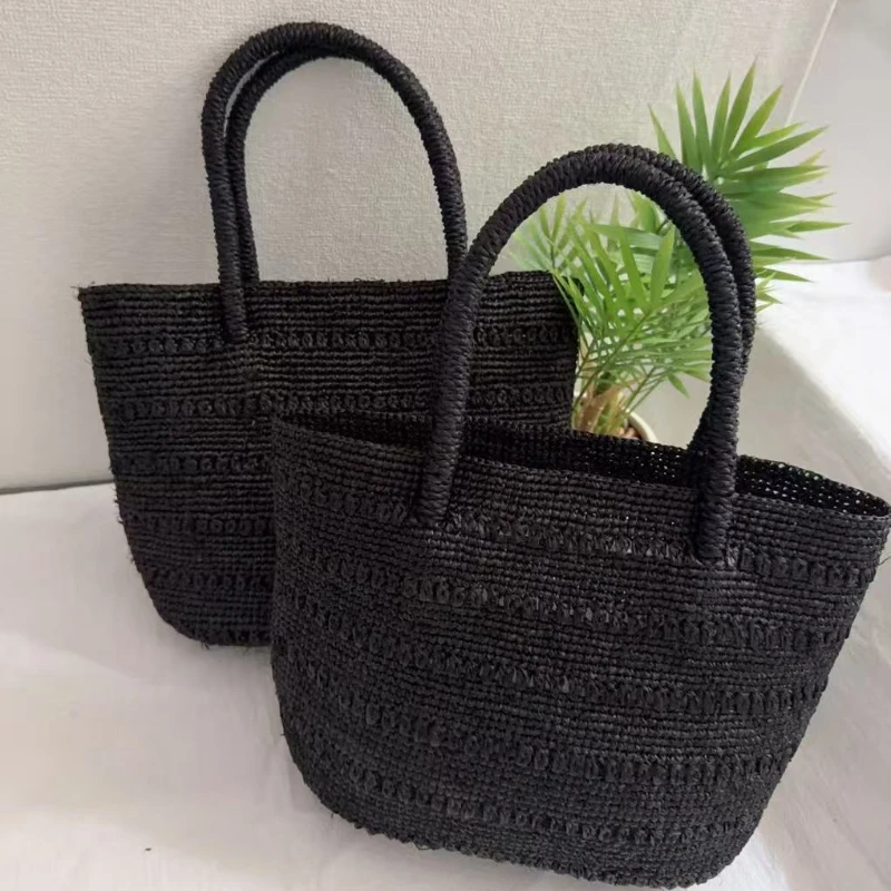 French Elegant Raffia Woven Handbag Summer Bohemian Style Opentop Lightweight Beach Tote Bag Casual Travel Daily Black StrawBag