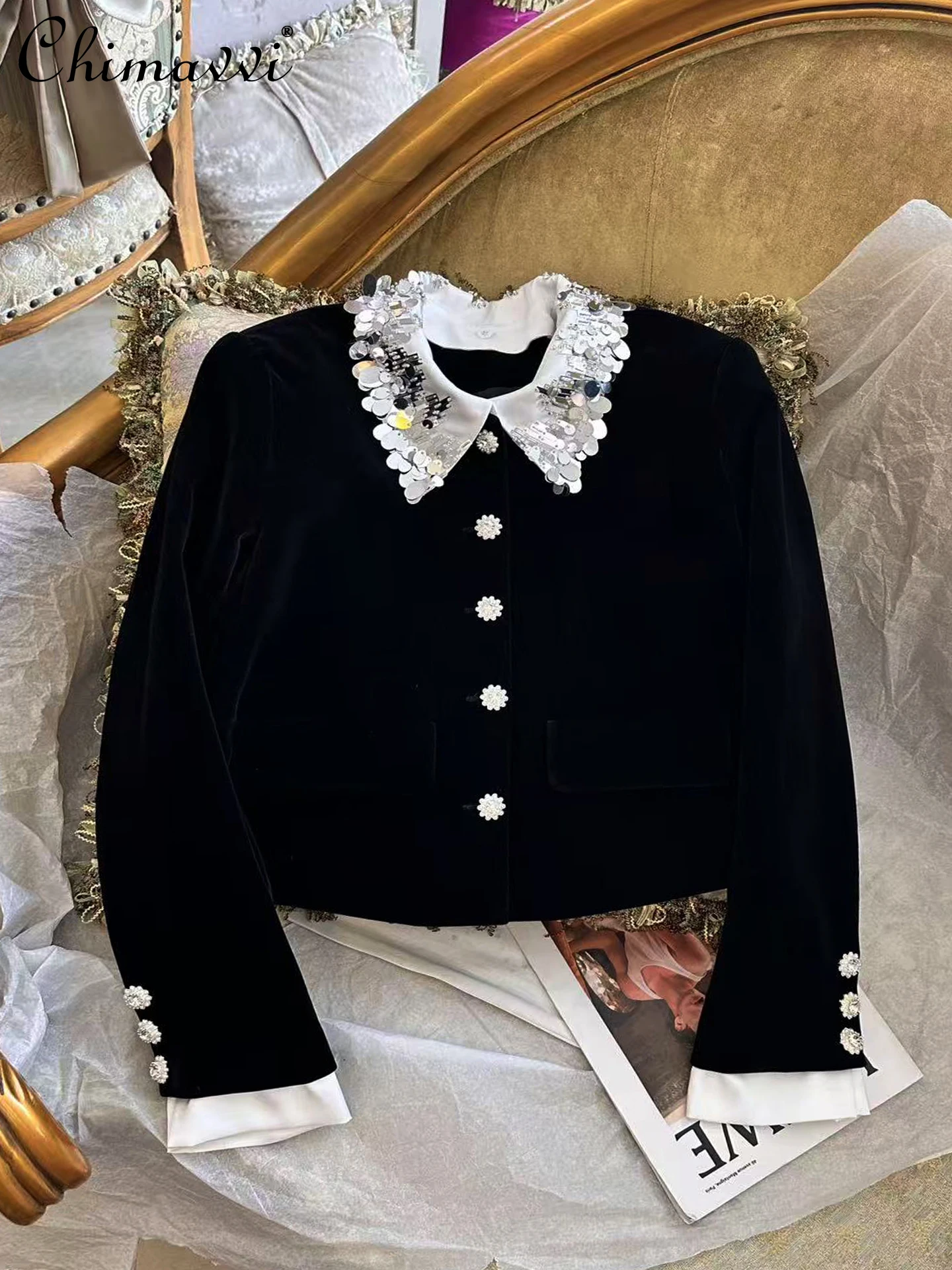 

Осень-зима 2022, новый роскошный блейзер с тяжелым бисером, французская мода, облегающий элегантный пиджак с длинными рукавами и бриллиантовым воротником, топ