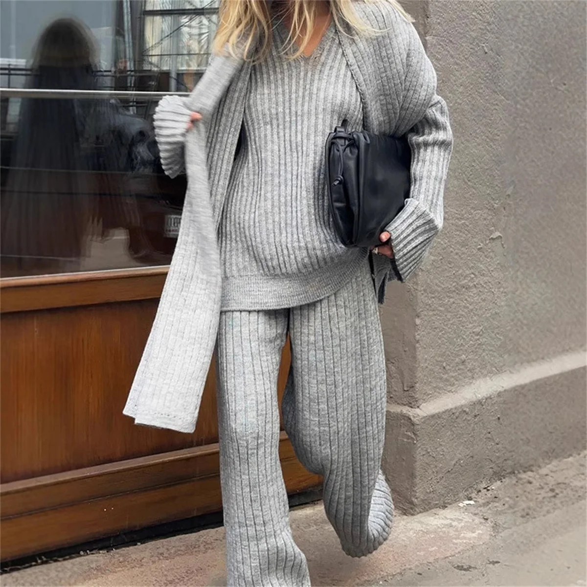 Chic Knitted Scarf Pullover Trousers Suits Elegant Burgundy Autumn Winter Long Sleeve Sweater Pants Set Lady Warm Streetwear