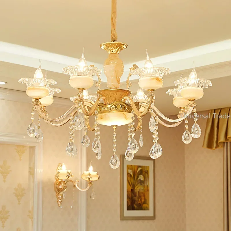 

European Luxury Crystal Chandelier Bedroom Dining Room Living Room Nordic Glossy Gold Flower Jade Pandant Lamp Ceiling Lighting