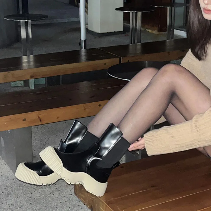 

Women's Black Patent Leather Ankle Boots with Contrast Cream Chunky Platform Sole Edgy and Trendy Footwear Stylish Comfortable