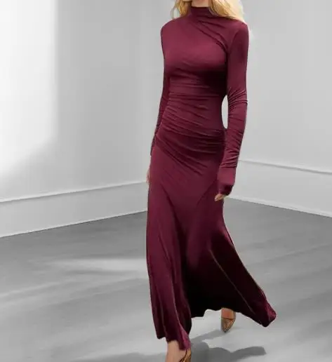 

2025 Wine Red Temperament Round Neck Pleated Slim Fit Long Sleeved Tight Fitting Dress for Ladies Elegant Banquet Dress Dress