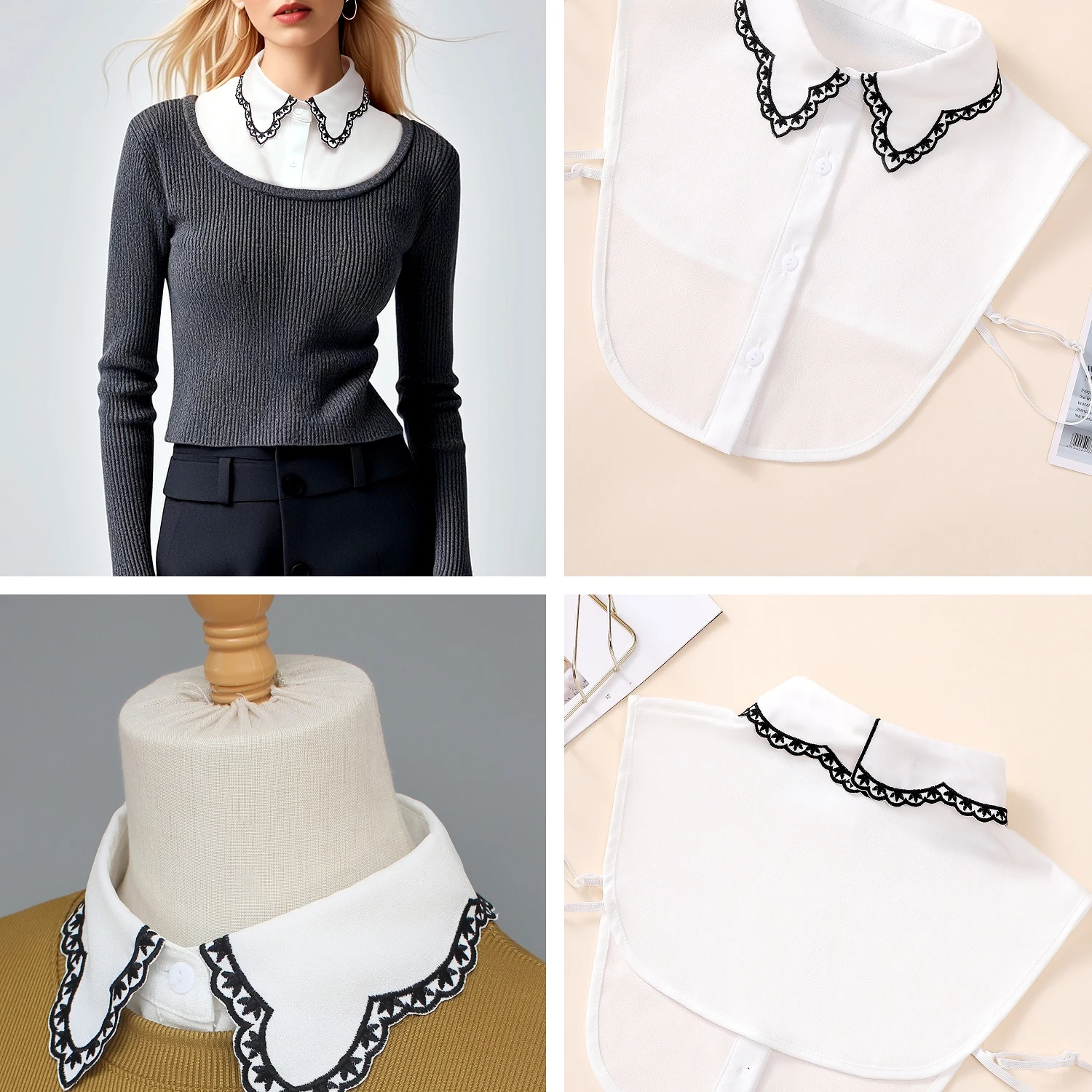 قطعة واحدة من الياقة المزيفة المزخرفة للنساء، ياقة وهمية متعددة الاستخدامات، ياقة قميص رائعة، طبقة أساسية مع تطريز، سوي