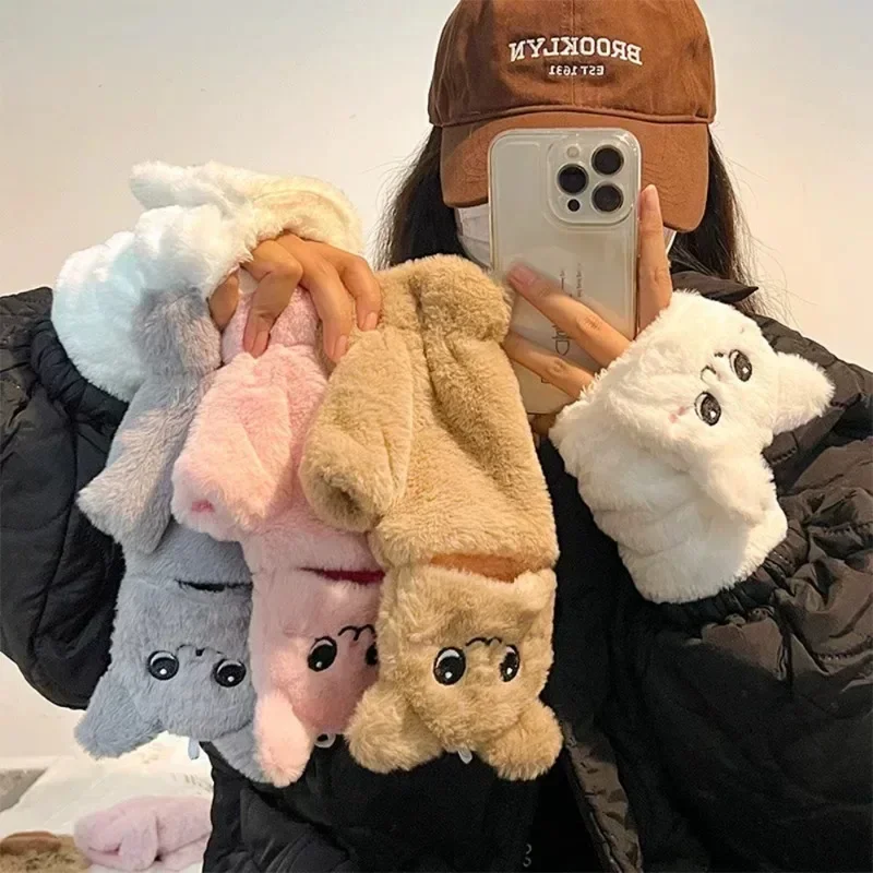 

Plush Cat Half Finger Gloves Autumn Winter Women Girl Thick Warm Flip Fingerless Gloves Cartoon Soft Casual Gloves Lovely Gifts
