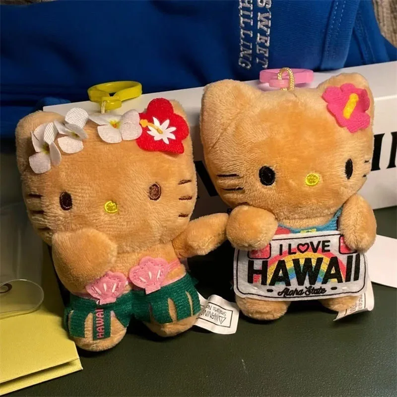 Kawaii Hawaii Kittys Cat Plush Keychain Hawaii Surfing Shell Black Fur Skirt Cat Pendant Stuffed Doll Girls Birthday Gift Bag