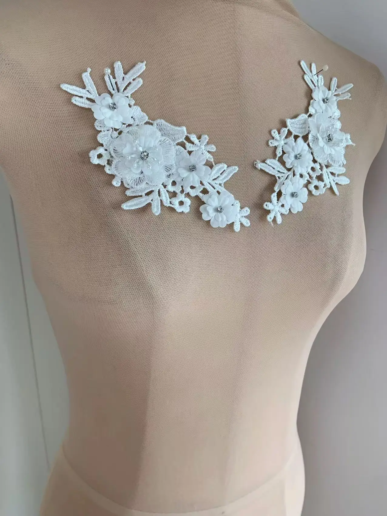 2 Pieces Off White Embroidered Flower Lace Patch Applique for Bridal Ball Gown Decor,Couture Dress Sew on view 2