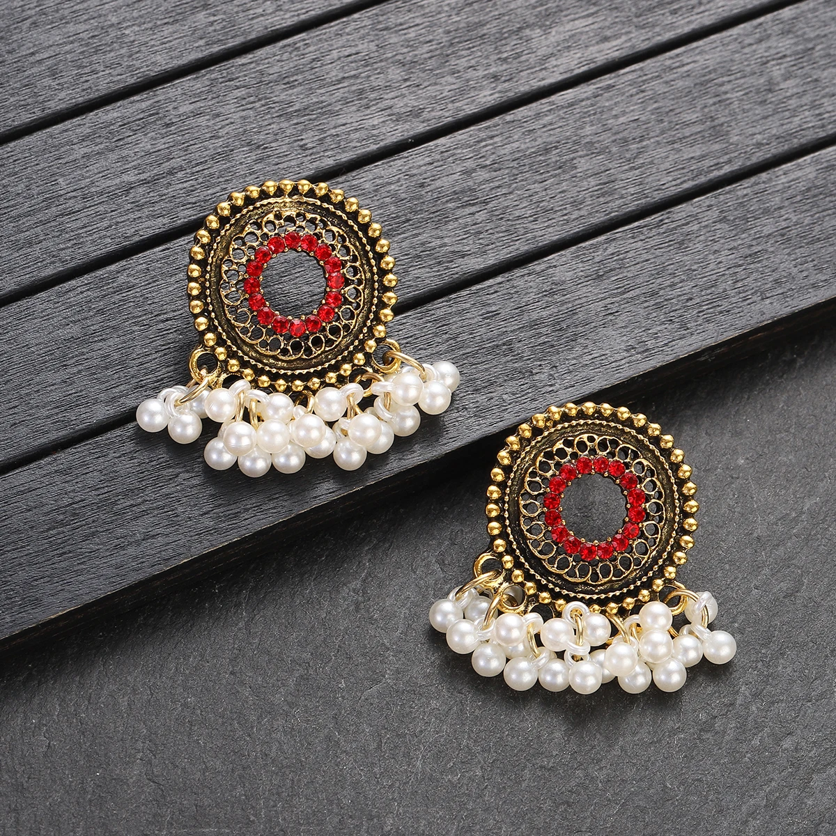 2022 Indian Jewelry Round Ethnic Red CZ Jhumka Earrings For Women Beads Tassel Wedding Earrings Kolczyki