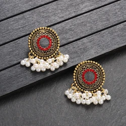 2022 Indian Jewelry Round Ethnic Red CZ Jhumka Earrings For Women Beads Tassel Wedding Earrings Kolczyki