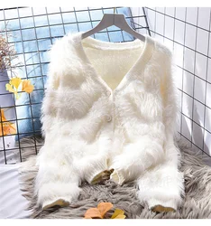 Fashionn Imitation Fur Coat Women's Outerwear Knit Jacket White Short Sweater Cardigan Women's Loose And Lazy Autumn New Korean