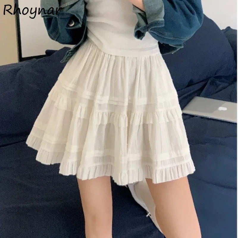 

Solid Mini Skirts Women Summer Sweet Slim Elastic Waist Ruffles Anti-glare Simple Casual All-match Korean Style Trendy Y2K Chic