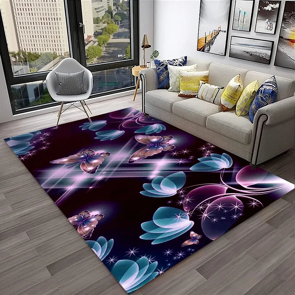 3D Luxury Dream Butterfly Flower Carpet Non-slip Floor Mat for Home Living Room Bedroom Sofa Washable Kid Play Area Decor Rug