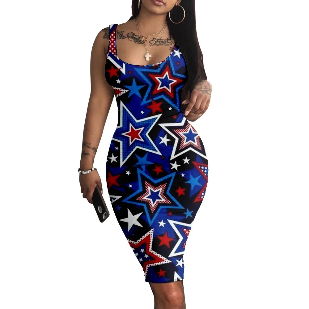 Summer Sleeveless Flag Print Dress Women Streetwear Fashion A-line Slim Dresses 2024 Beach Dress Party Club Robe Vestido Elegant