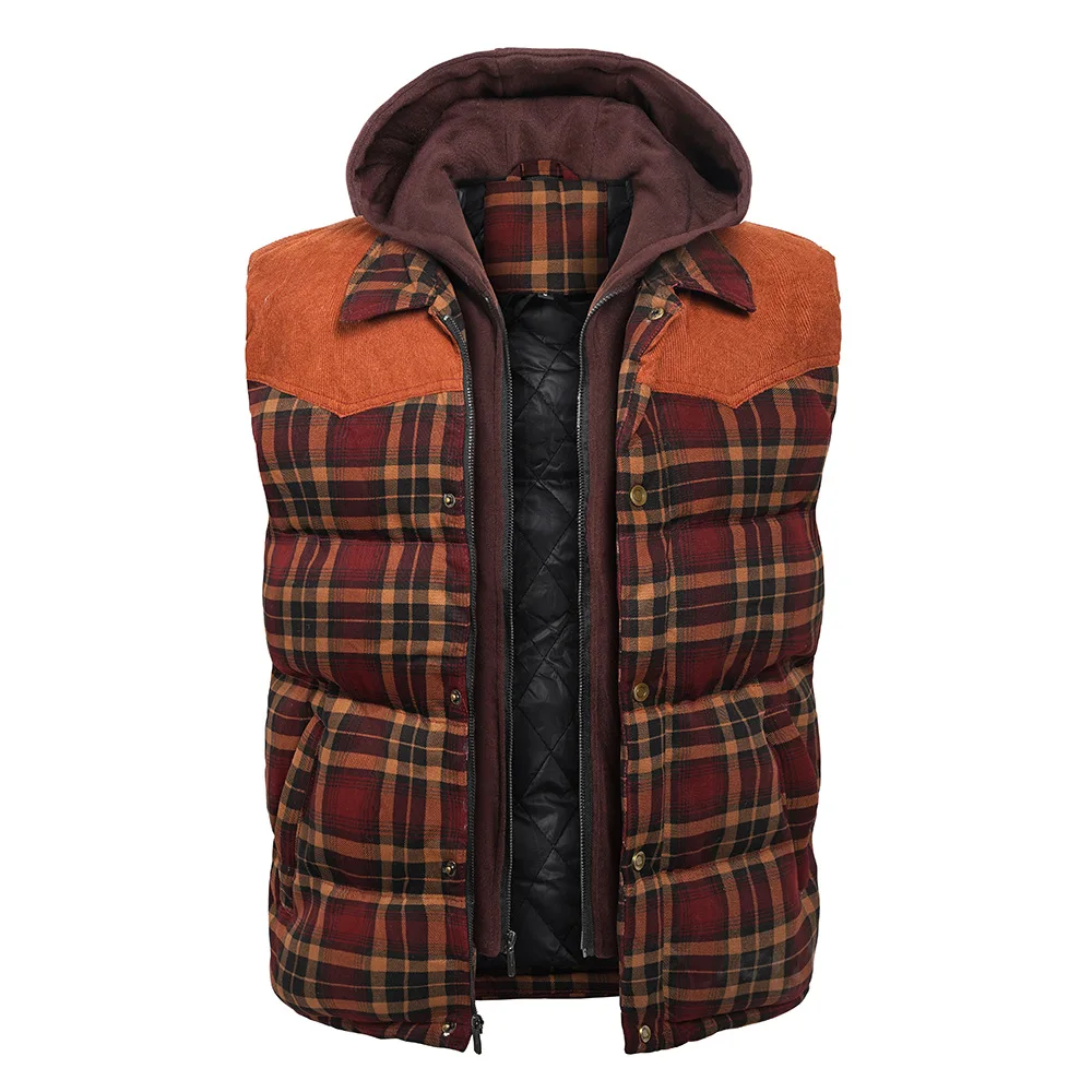 

Man Down Vest Winter Plaid Patchwork Man Fake Two-piece Hooded Waistcoat Thicken Warm Sleeveless Zipper Versatile Male Coat