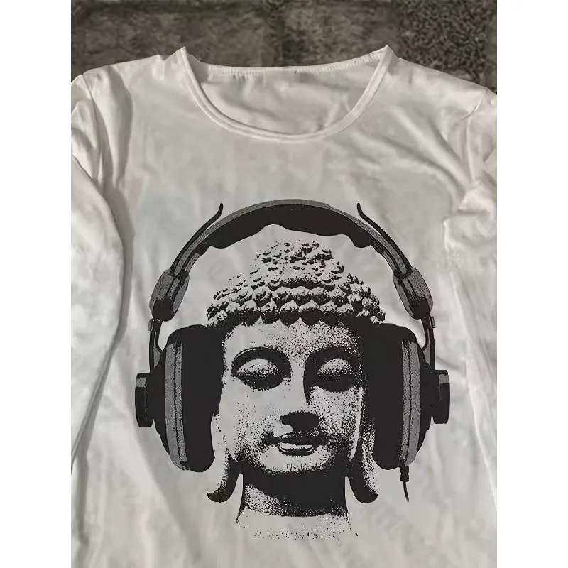 American Vintage Y2K Buddha Head Wearing Headphones Print Long Sleeve T-Shirt, Quirky Streetwear Top