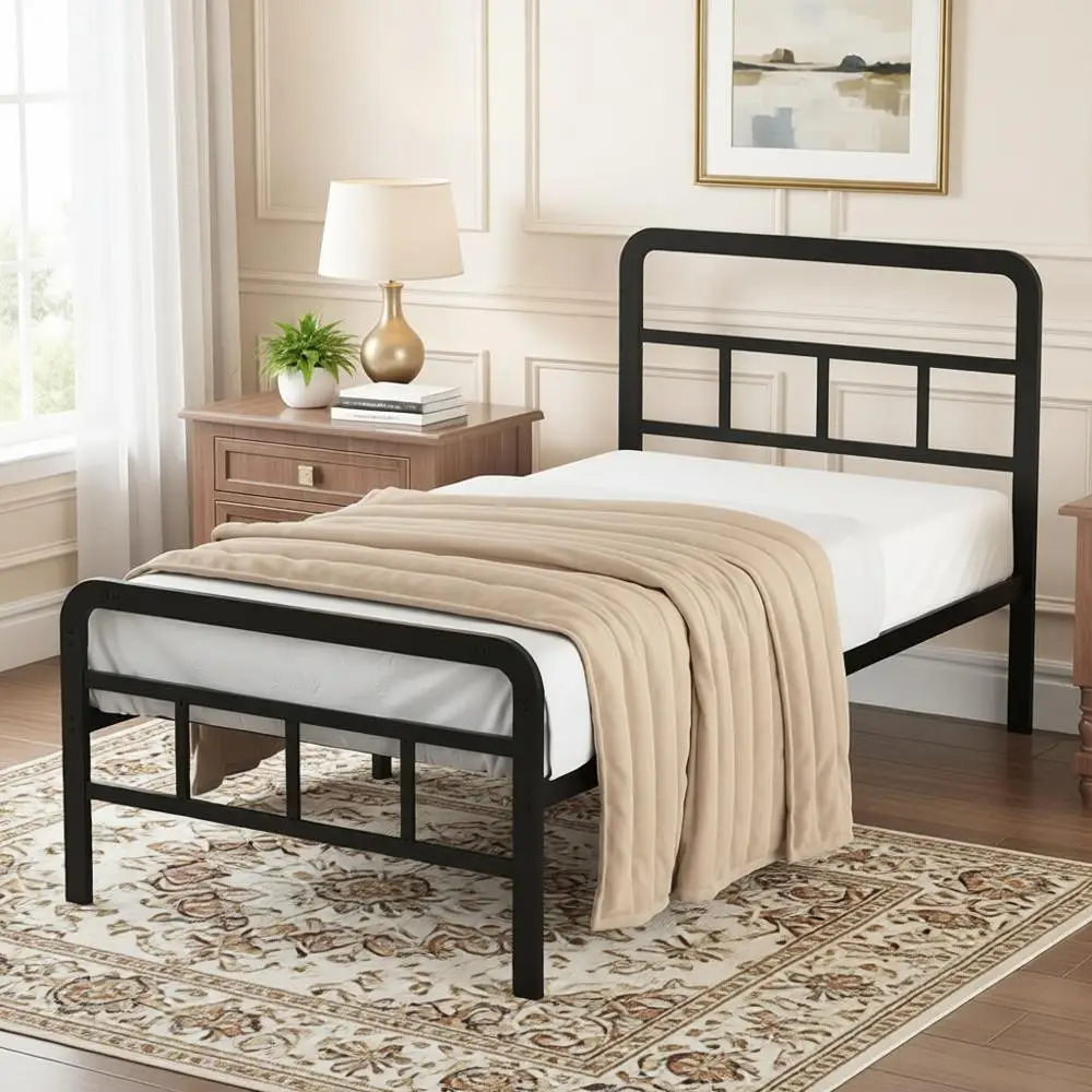 

14 Inch Twin XL Heavy-Duty Metal Platform Bed with Steel Slat Support, No Box Spring Needed, Easy Assembly, Black