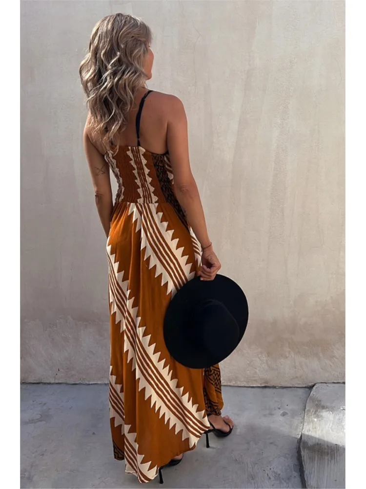 Abito estivo da donna con motivo etnico nuovo, senza schienale, con spacco sulla coscia, abiti estivi da donna, abito lungo con volant alla moda Boho per la spiaggia