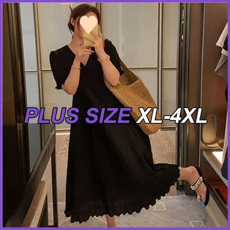 

Plus Size Dresses Women's V-Neck A-Line Long Dress Summer Loose Meat Concealing Pleated Frocks Korean Casual Pure Color Clothing