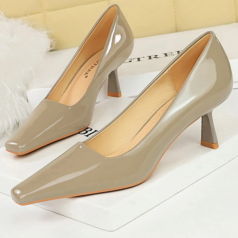 BIGTREE Shoes Patent Leather Kitten Heels Women Shoes Square Head Woman Pumps Occupational OL High Heels Office Shoes 7 Colour