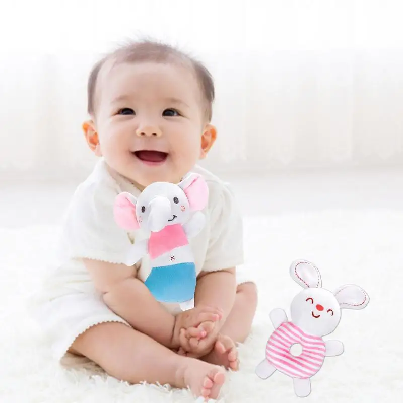 Plush Ring Rattle 2pcs Elephant And Rabbit Newborn Sensory Toys Adorable Plush Ring Rattle For 0-6 Months Boy Girl Kids Hand