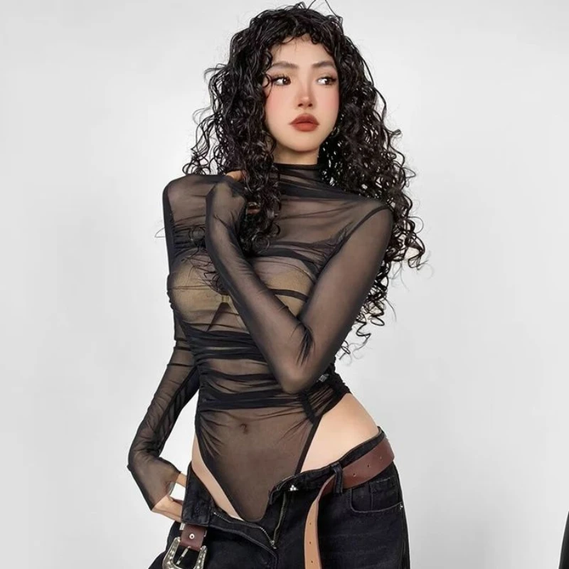 Camiseta feminina de manga comprida vintage, manga comprida, manga comprida, manga fina, manga alta, Y2K, top chique, primavera, verão