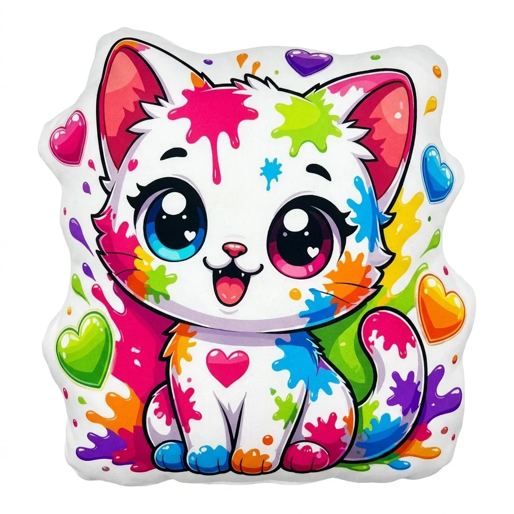 Cojín de Peluche Kawaii Chaton Mignon con Diseño de Salpicaduras de Pintura Arcoíris, Cojín Decorativo Irregular para el Hogar, Regalo para el Sofá