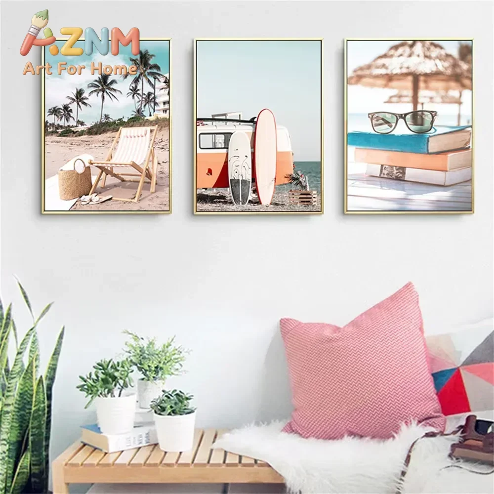 AZNM Tropical Beach Surf Canvas Wall Art, Coastal Palm Tree Camper Van Print, Living Room Vacation Style Wall Decor Poster