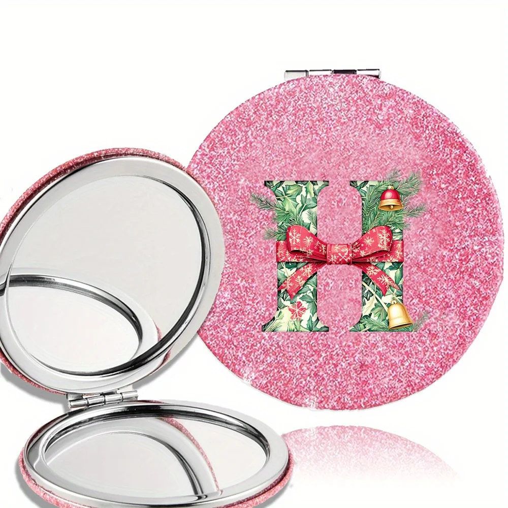 휴대용 여성용 접이식 메이크업 거울 내구성 있는 포켓 PU 메이크업 거울 양면 뷰티 도구 선물 크리스마스 레터 패턴