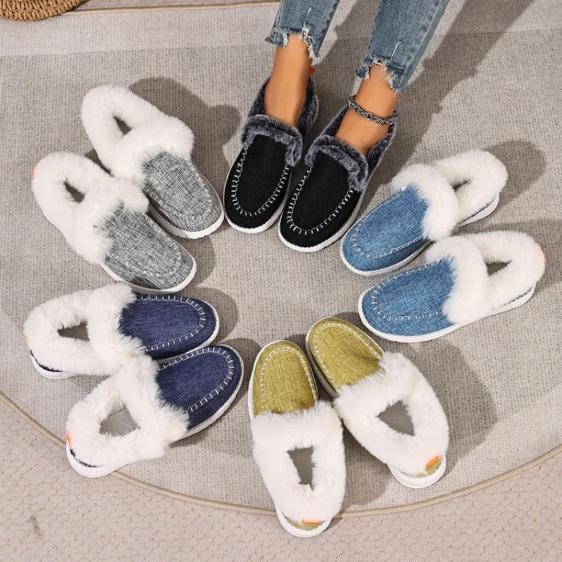 

Women Casual Shoes Winter Warm Faux Fur Lined Ankle Boots Women Slip-On Low Heel Platform Sneakers Women Thickened Fluff Shoes