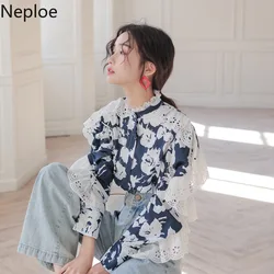 Neploe Korean Ins Wooden Ear Lace Patchwork Print Blouse Stand Collar Batwing Long Sleeve Blusas Elegant Design Ol Shirt 49295