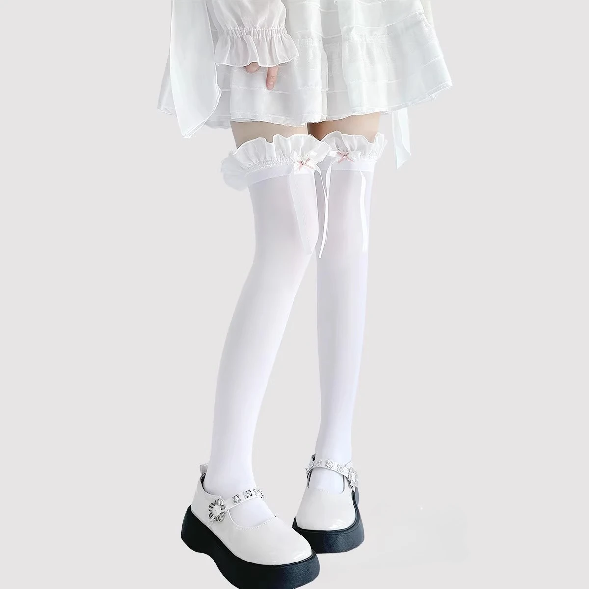 White Sheer Fabric Ruffle Frill Satin Long Ribbon Bow Thigh High Stockings, Sweet Kawaii Lolita JK Style Over Knee Socks, Versatile Legwear For Daily, Cosplay & Dress Matching