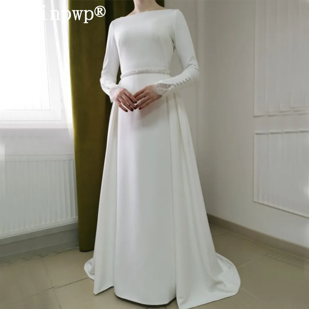 Robes de mariée gracieuses pour la mariée, manches longues, train de balayage, satin doux, ceinture de perles, patients musulmans, quelles que soient les robes de mariée