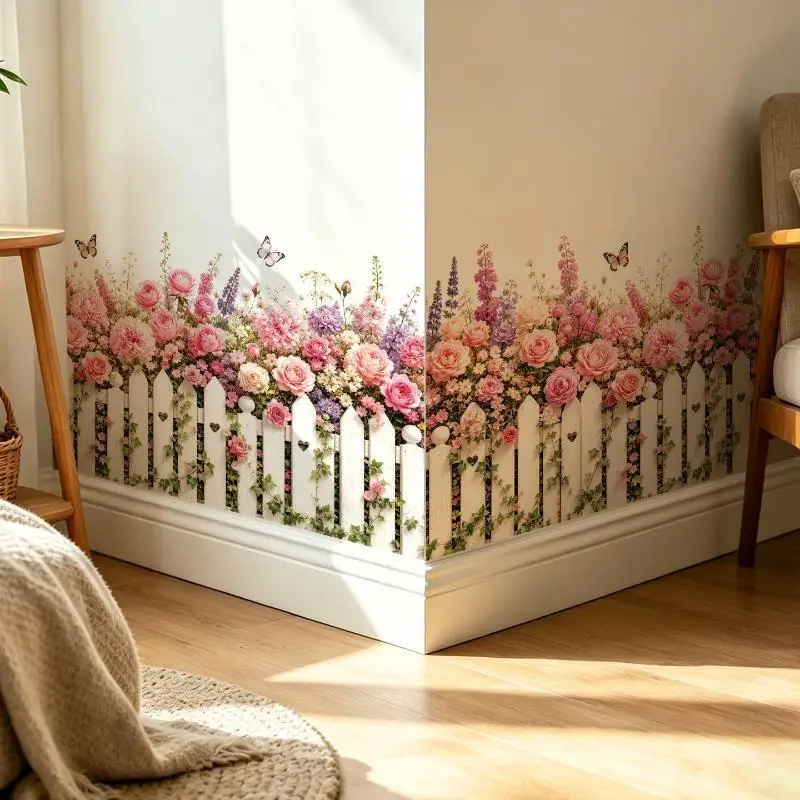 Waterproof Self Adhesive Pink Rose Fence Wall Sticker With Butterfly Pattern For Living Room Bedroom Baseboard Home Decoration