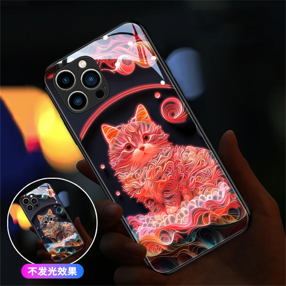 Colorful Cat Sound Music Control Led Light Phone Case For iPhone 16 15 14 13 12 11 Pro Max X XR XS 7 8 Plus SE2020 Glowing Cover