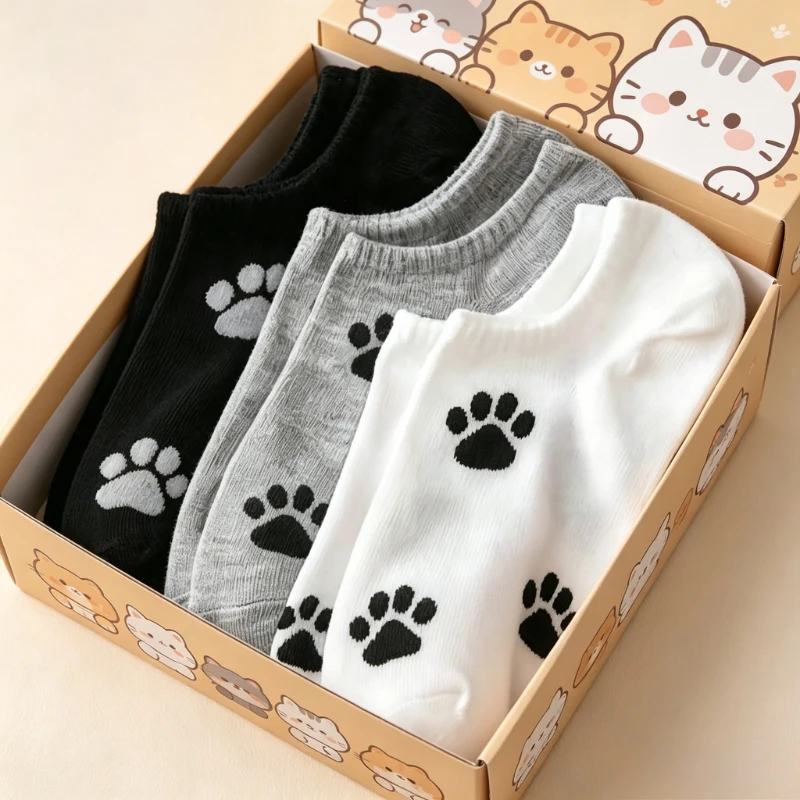 5 Pairs Women's Cute Smiling/Dog Paw Print  Low-cut Socks Comfortable And Soft Round Neck Sports Socks Stockings