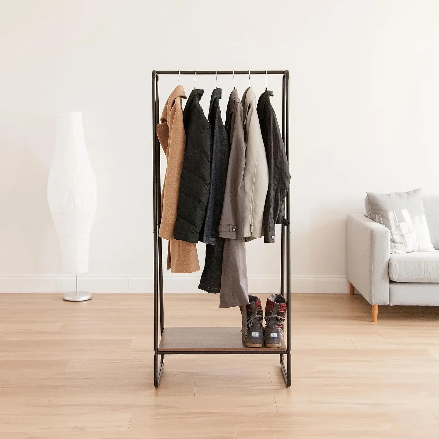 

Clothes Rack for Hanging Clothes with Bottom Wood Shelf, Freestanding Clothing Rack, Easy to Assemble Garment Rack,