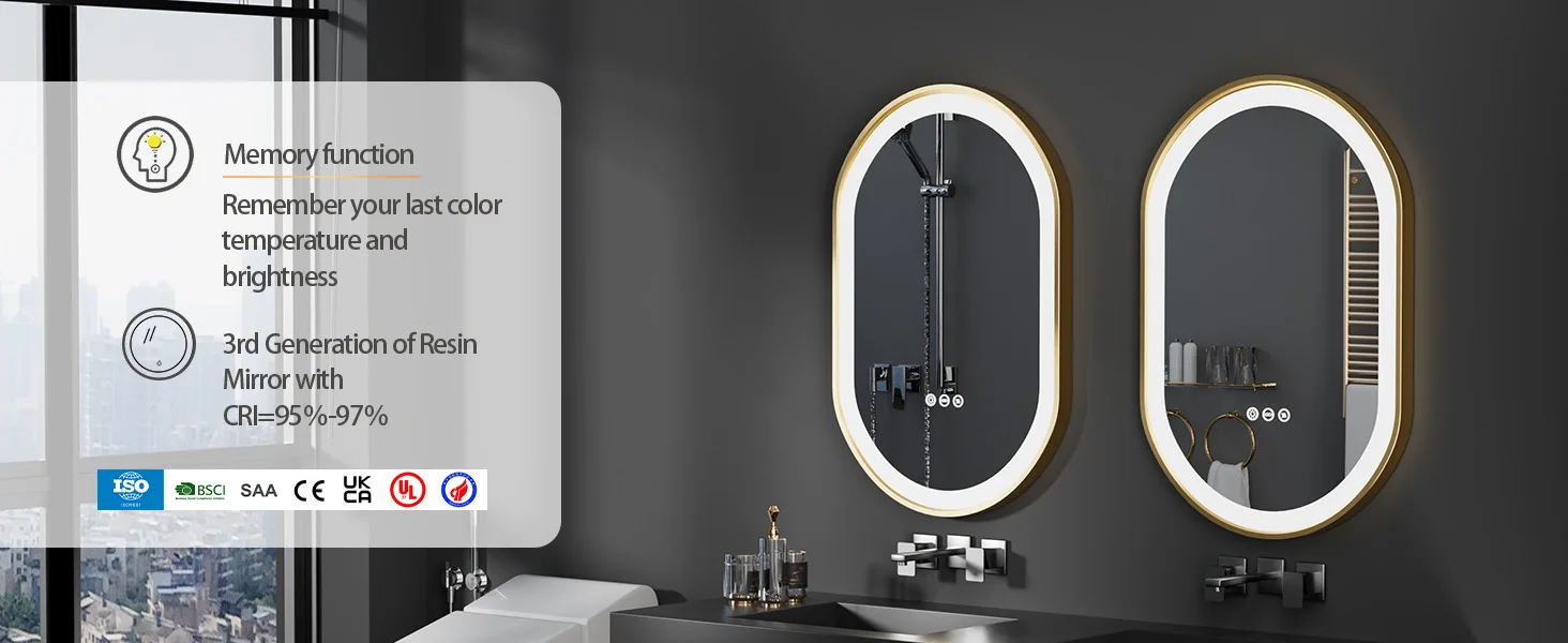 LED Bathroom Mirror Oval Illuminated Wall Mirror Aluminum Gold Frame Memory Anti-fog 3 Changeable Color, IP56 800/1000/1200MM