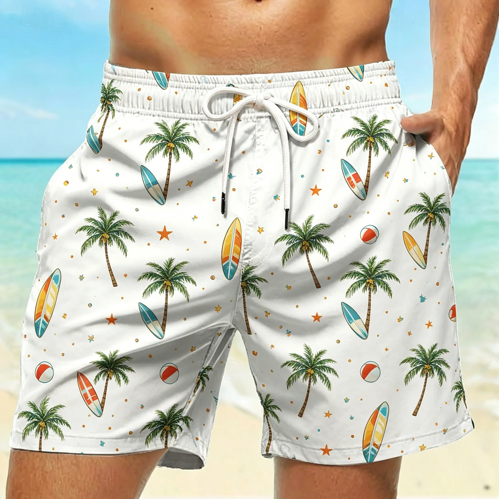 Men's Spring Summer Cartoon Surfboard Palm Star Print Drawstring Shorts, Casual Daily Loose Printed Vacation Trunks