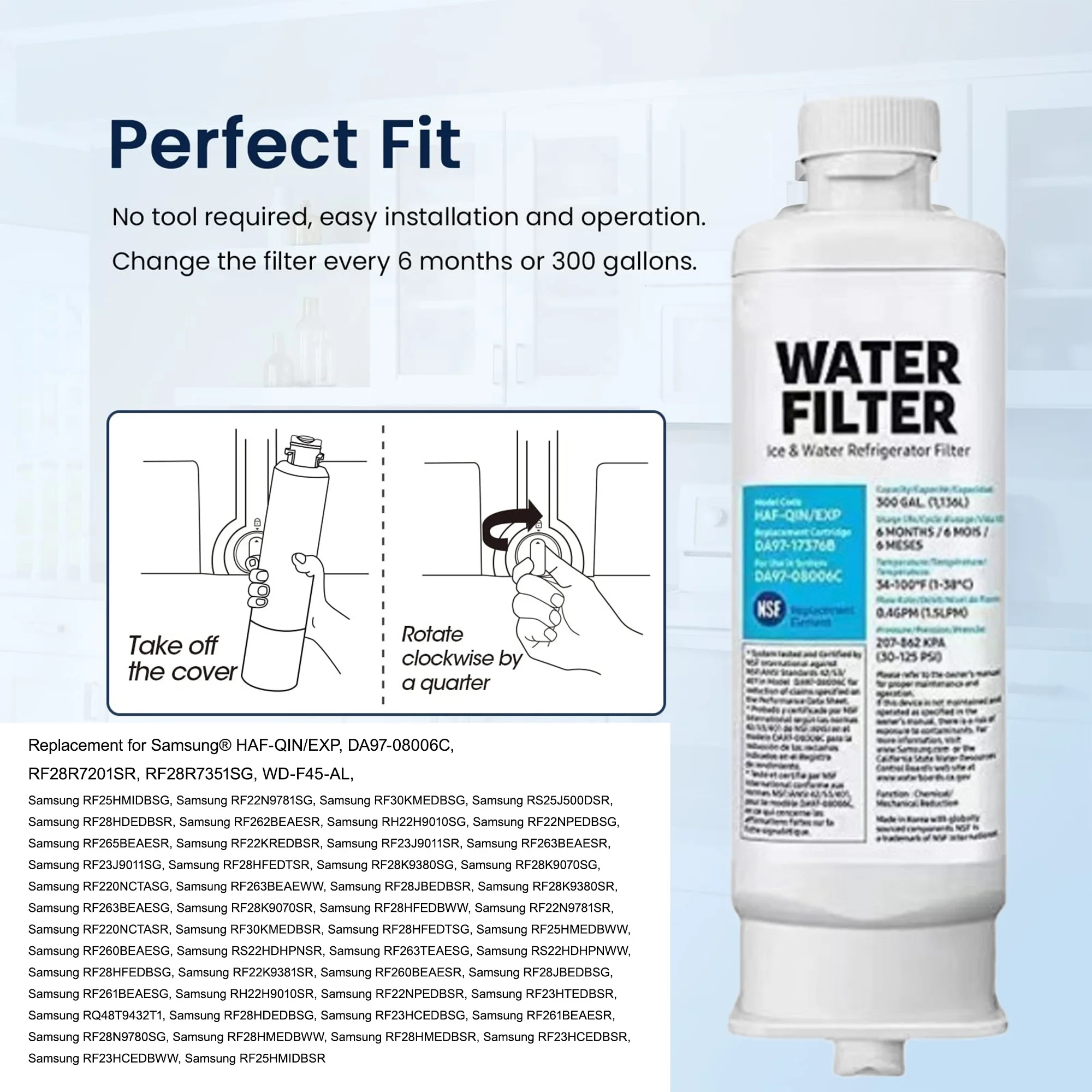 Wasserfilter für Samsung Kühlschrank, Aktivkohle-Filtration, Ersatz für Samsung HAF-QIN/EXP DA97-17376B RF28R7201S – Detail 4