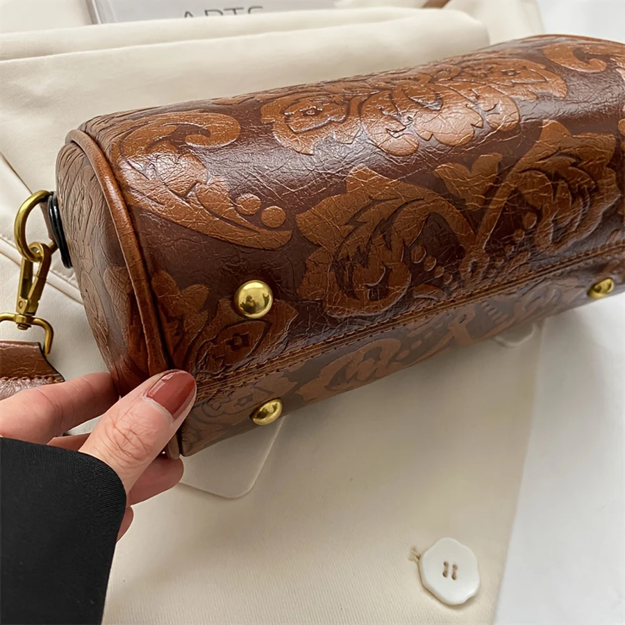 Modna damska torba cylindryczna w stylu retro w stylu chińskim, torba na jedno ramię, cylindryczna torba z wytłoczonym wzorem — zdjęcie 5